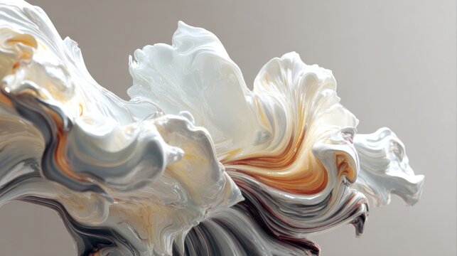 Abstract artwork featuring swirling white gray and tan forms against a neutral backdrop