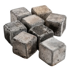 Poster - Concrete cubes arranged in scattered formation, showcasing various textures and shades of gray, ideal for construction or design projects