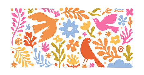 Poster - Vector illustration in simple hand drawn and linocut style - natural print, poster or logo design template - spring illustration - birds and flowers
