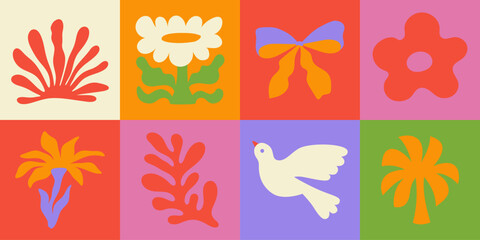 Poster - Vector shapes  in simple floral wavy and groovy naive style, ocean and vacation theme,  flowers and plants, floral botanic hand drawn design templates, modern art prints, surface design