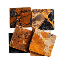 Poster - Natural stone tiles in various shades of orange and black, showcasing unique patterns and textures, perfect for home decor or renovation projects