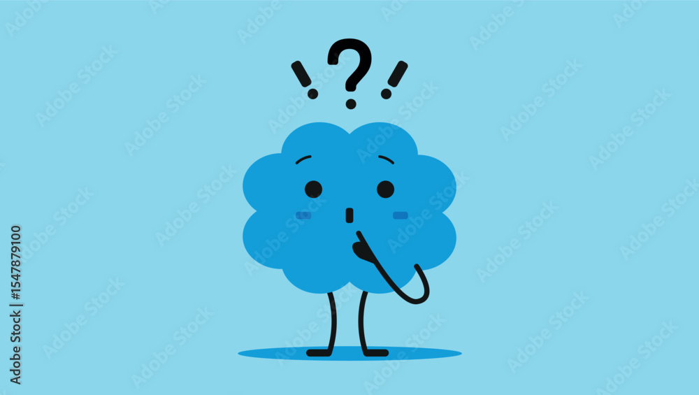 cute confused blue cartoon brain character with question marks on light ...