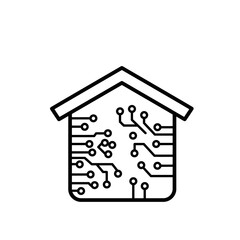 Poster - A simple, outlined house graphic with a circuit board design inside, representing smart home technology.