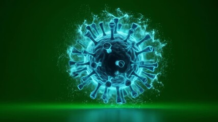 Poster - A Glowing Cyan Virus Particle in a Dark Green Background, Digital Art, Microscopic View of Infectious Agent, 3D Rendered Corona Virus Model,  Infectious Disease Illustration