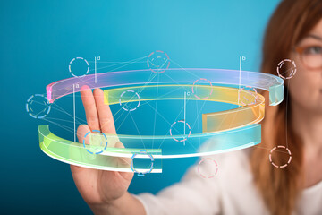 Poster - Stock photo of a woman interacting with a futuristic holographic data visualization.