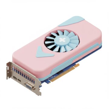 Pink and blue graphics card isolated on white background