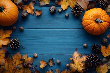 Wall Mural - Autumn Thanksgiving Background with Pumpkins, Leaves, and Pine Cones for Festive Design