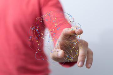 Poster - Person interacting with a digital network, representing connection and technology.