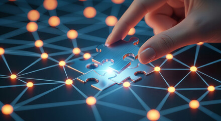 Poster - Hand placing metallic puzzle piece onto network, symbolizing connection, solution, and teamwork.  Represents problem-solving, strategic planning, and innovation