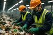 © smth.design - Workers sorting mixed waste materials on a conveyor belt at a recycling facility, focused on environmental sustainability and safety