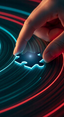Poster - Hand placing glowing puzzle piece on dark surface with red and blue light trails, symbolizing connection, solution, or completion