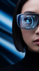 Poster - Close-up of woman wearing futuristic glasses displaying AI Agentic text, set against a dark blue background, symbolizing technological advancement and artificial intelligence