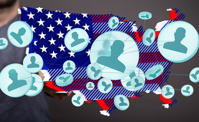 Aufkleber - Visual representation of a social network spanning the United States.  Ideal for articles about connectivity, social media, or American demographics.