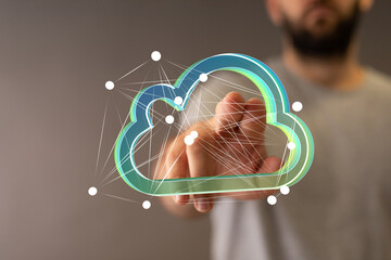 Poster - Person interacting with a digital cloud, representing data storage and network technology.