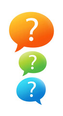 Poster - Three speech bubbles, orange, green, blue, each containing white question mark, symbolize inquiry, question, help, FAQ, support