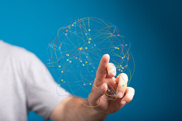 Aufkleber - Abstract image of a hand interacting with a digital network sphere, representing connection and global communication.