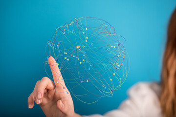 Aufkleber - Abstract image of a hand interacting with a colorful network, representing global connections and digital data.