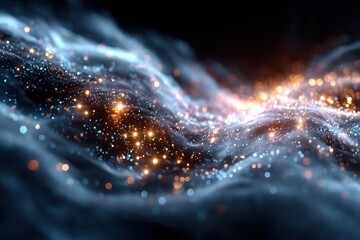 Poster - Colorful swirling particles resembling a cosmic landscape in a dark environment