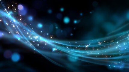 Poster - Flowing blue waves of light create a dynamic background with shimmering particles in an abstract digital artwork