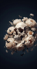 Aufkleber - Human skull surrounded by pale flowers and moths, dark background, creating a still life image symbolizing mortality, beauty, and the ephemeral nature of life