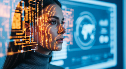 Poster - Woman's profile, overlaid with glowing orange digital code, against a blurred blue tech screen background, representing data analysis or futuristic technology