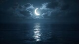 Crescent moon, Moon, Night, Crescent Moon over Calm Sea at Night