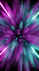 Aufkleber - Purple and teal powder explosion, illuminated by neon lights, creating a vibrant, dynamic visual effect, showcasing energy and movement