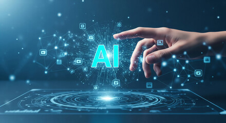 Poster - Hand interacting with digital AI interface, showcasing technological innovation and connection, symbolizing future technology and smart solutions