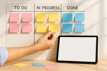 Poster - Colorful Sticky Notes on Dashboard with Tablet for Task Management and Organization Strategies
