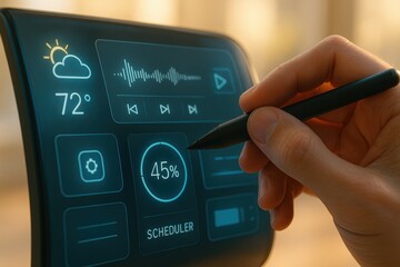 Poster - Modern Smart Home Control Interface with Hand Holding Digital Pen on Touchscreen Display