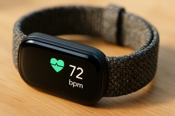 Poster - Smartwatch Displaying Heart Rate and BPM on Wooden Table with Soft Lighting and Texture