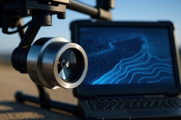 Poster - Drone Camera and Laptop Displaying Data Visualization on Outdoor Landscape at Sunrise