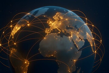 Poster - Global Network Connections with Bright Lines Linking Continents