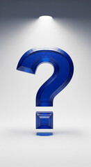 Poster - Blue glass question mark, showcased on white background under spotlight, symbolizes inquiry, uncertainty, or problem-solving