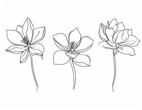 Elegant Bloom Line Set. A graceful trio of blooming flowers in delicate continuous lines.abstract, art, design, flower, leaf, nature, vector, plant, aesthetic, colors, contour, delicate, elegance, 