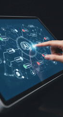 Poster - Close-up of finger interacting with tablet displaying AI network graphic, showcasing technological advancement and connection, symbolizing innovation and digital intelligence