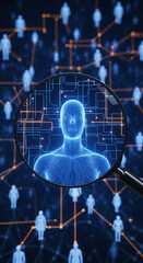 Poster - Magnifying glass focuses on a digital human, circuit-board texture, symbolizing data analysis, network security, or AI.  Network connections visible in background