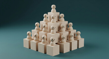 Poster - Wooden figures arranged in pyramid on cubes, showcasing teamwork, hierarchy or leadership concept