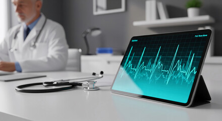 Poster - Tablet displaying teal medical data graph, stethoscope and blurred doctor in background, showcasing healthcare technology and medical analysis