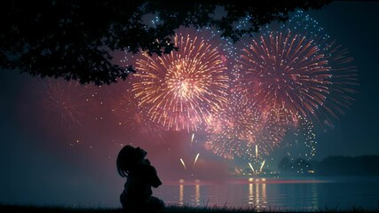 Poster - A magical and quiet moment of a young child sitting under a tree, watching a vibrant fireworks display across the night sky