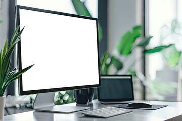 ultra quality image of computer screen and laptop device on office workspace