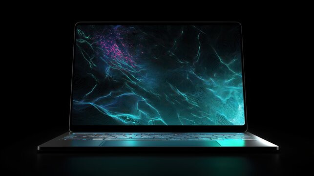 Sleek dark laptop displays abstract teal and pink digital landscape