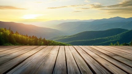 Wall Mural - a wooden deck overlooks a scenic mountain range under a partly cloudy sky at sunrise or sunset.