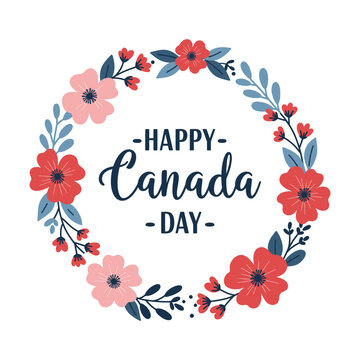 Floral Wreath Illustration with Happy Canada Day Text and Red-Pink Flowers on White Background