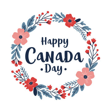 Floral Wreath Illustration with Happy Canada Day Text and Red-Pink Flowers on White Background