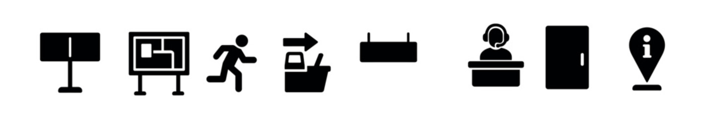 Poster - Navigation and information silhouette icon set. wayfinding, direction resources silhouette collection