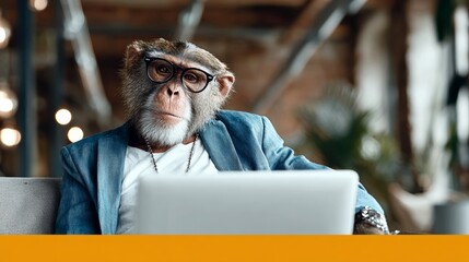 monkey wearing glasses and a suit is sitting in front of a laptop. the monkey appears to be focused 