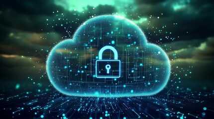 Poster - A glowing digital cloud with a padlock icon symbolizes secure online data storage and cloud security.