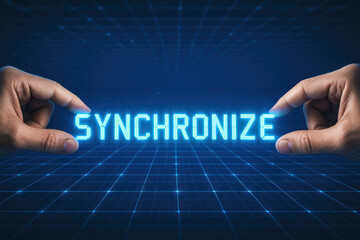 Poster - Two human hands align digital segments forming a glowing connection symbolizing synchronization and unified processes in business technology