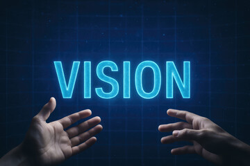 Poster - Two hands reaching out toward a glowing digital projection symbolize strategic foresight and insight in business innovation